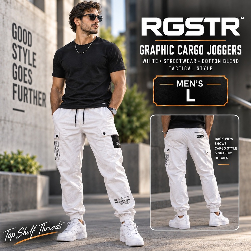 RGSTR Men L White Graphic Cargo Joggers Tactical Streetwear Drawcord Zip Pocket